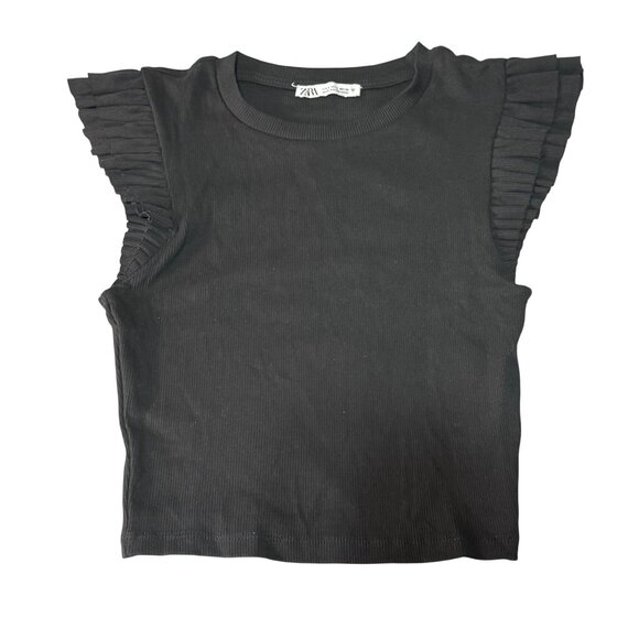 Zara Women’s Black Ruffled Sleeve Ribbed Knit Top EU S US‎ S - Picture 1 of 4